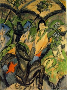 Ernst Ludwig Kirchner: Coppia sotto l’ombrello giapponese, anno 1913, tecnica a olio su tela, 100 x 75 cm., Collezione privata.